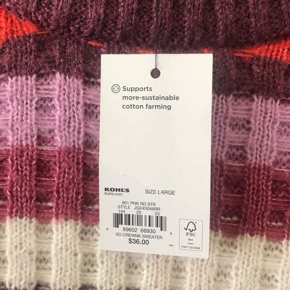 SO® Slouchy Crewneck Sweater- pink and red stripe. Size Large. - Picture 4 of 6